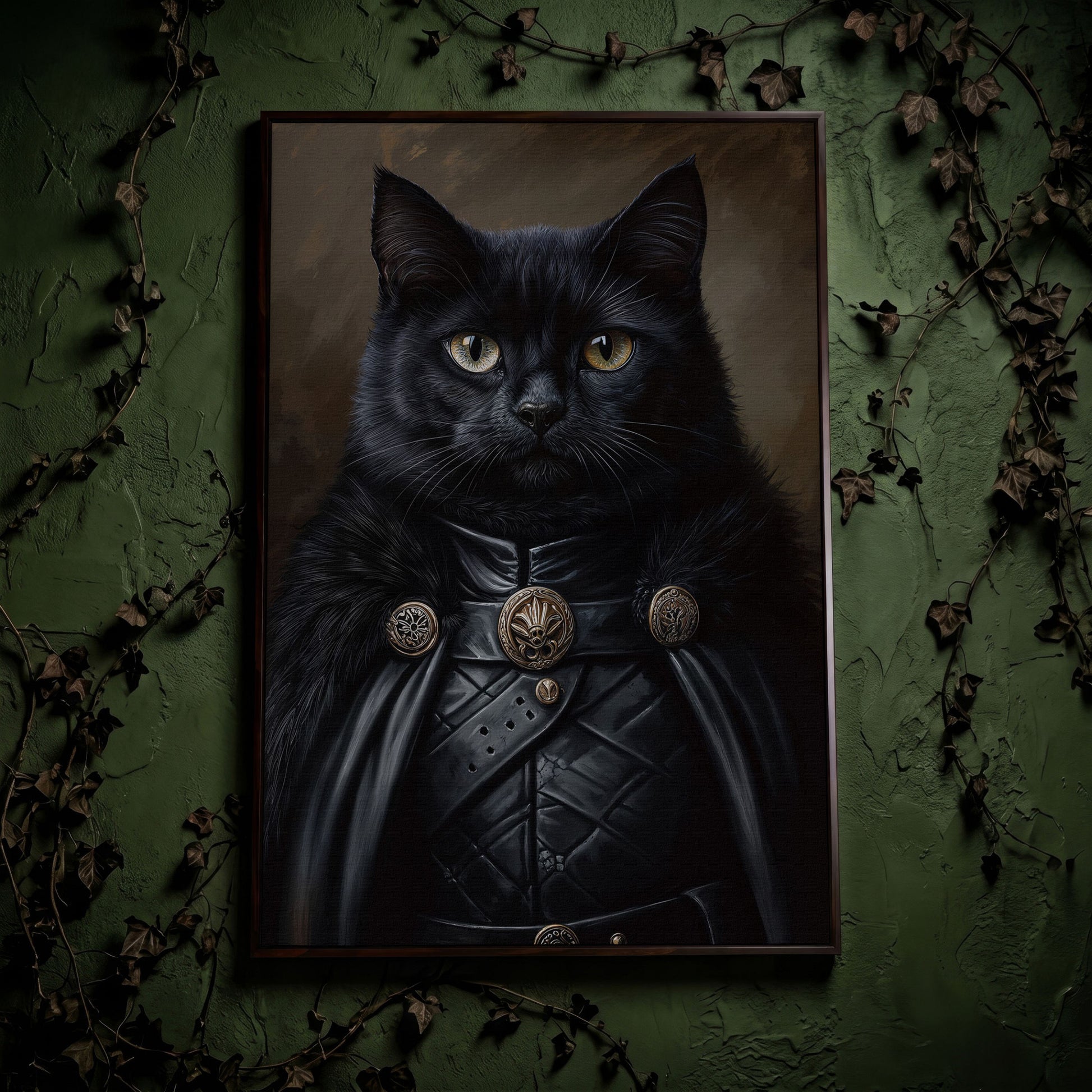 Victorian Black Cat Portrait Canvas in dark walnut floating frame