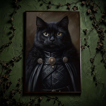 Victorian Black Cat Portrait Canvas in dark walnut floating frame
