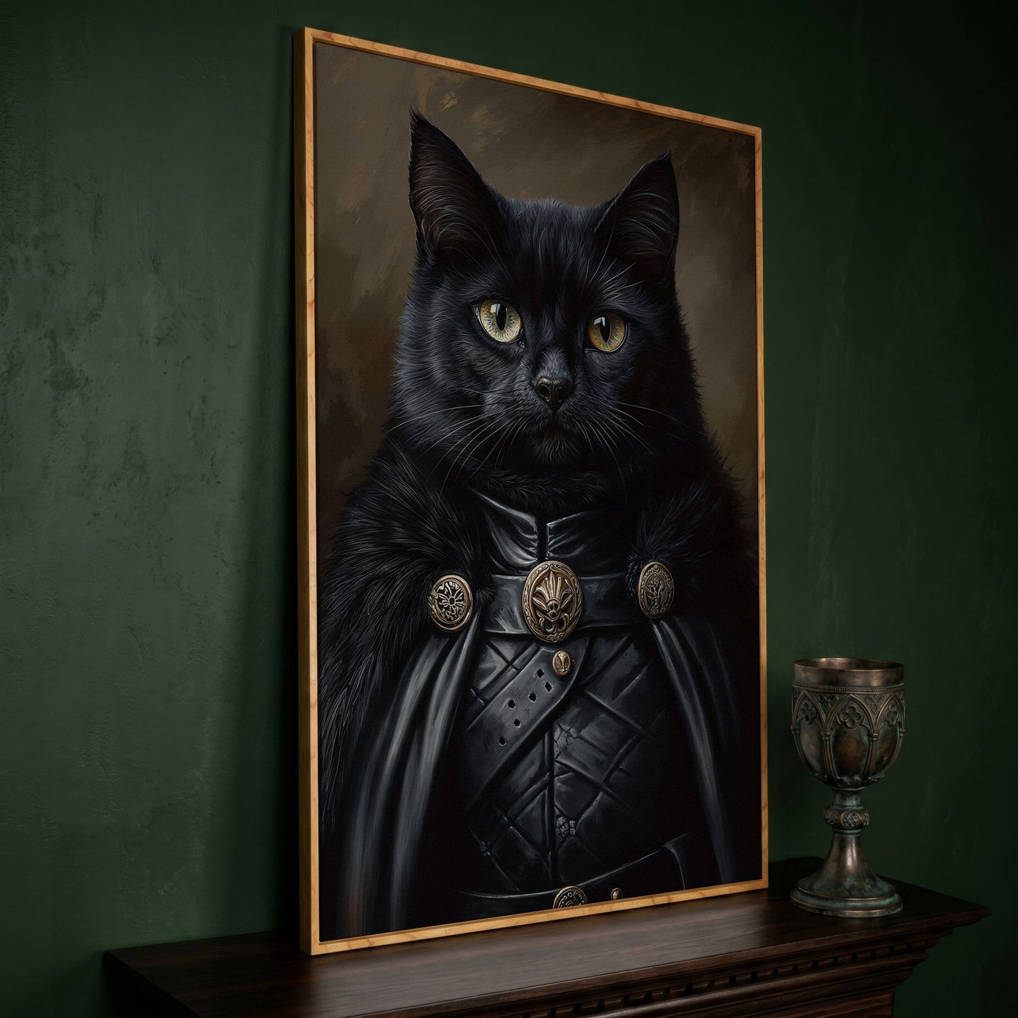 Victorian Black Cat Portrait Canvas in white oak floating frame