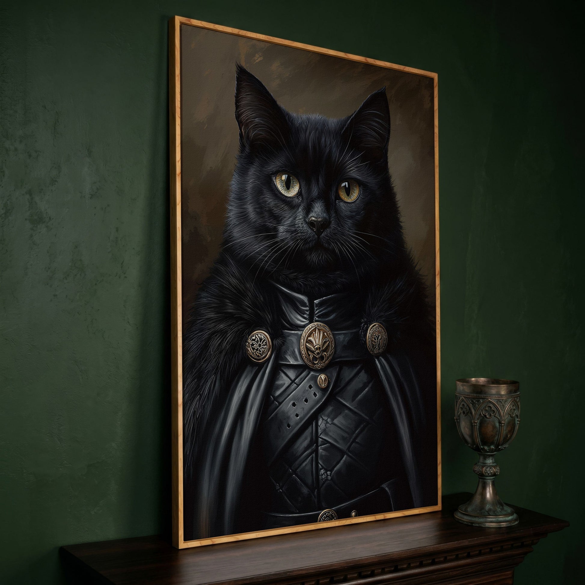 Victorian Black Cat Portrait Canvas in white oak floating frame