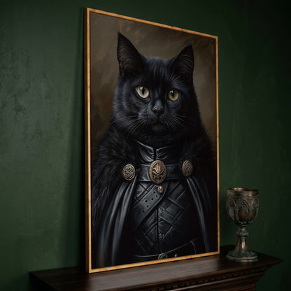 Victorian Black Cat Portrait Canvas in white oak floating frame