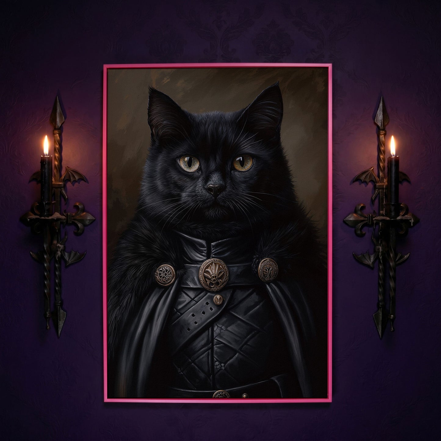 Victorian Black Cat Portrait Canvas in pink floating frame