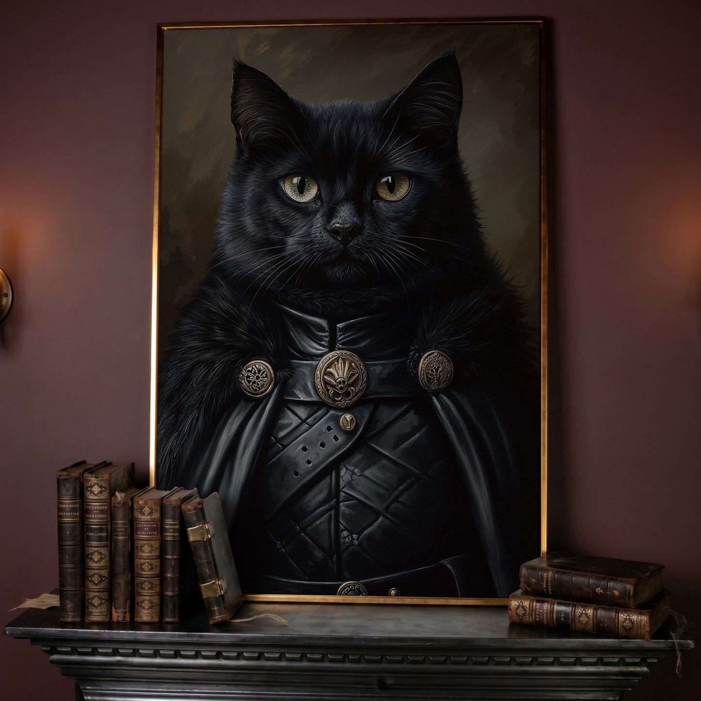 Victorian Black Cat Portrait Canvas in rose gold floating frame