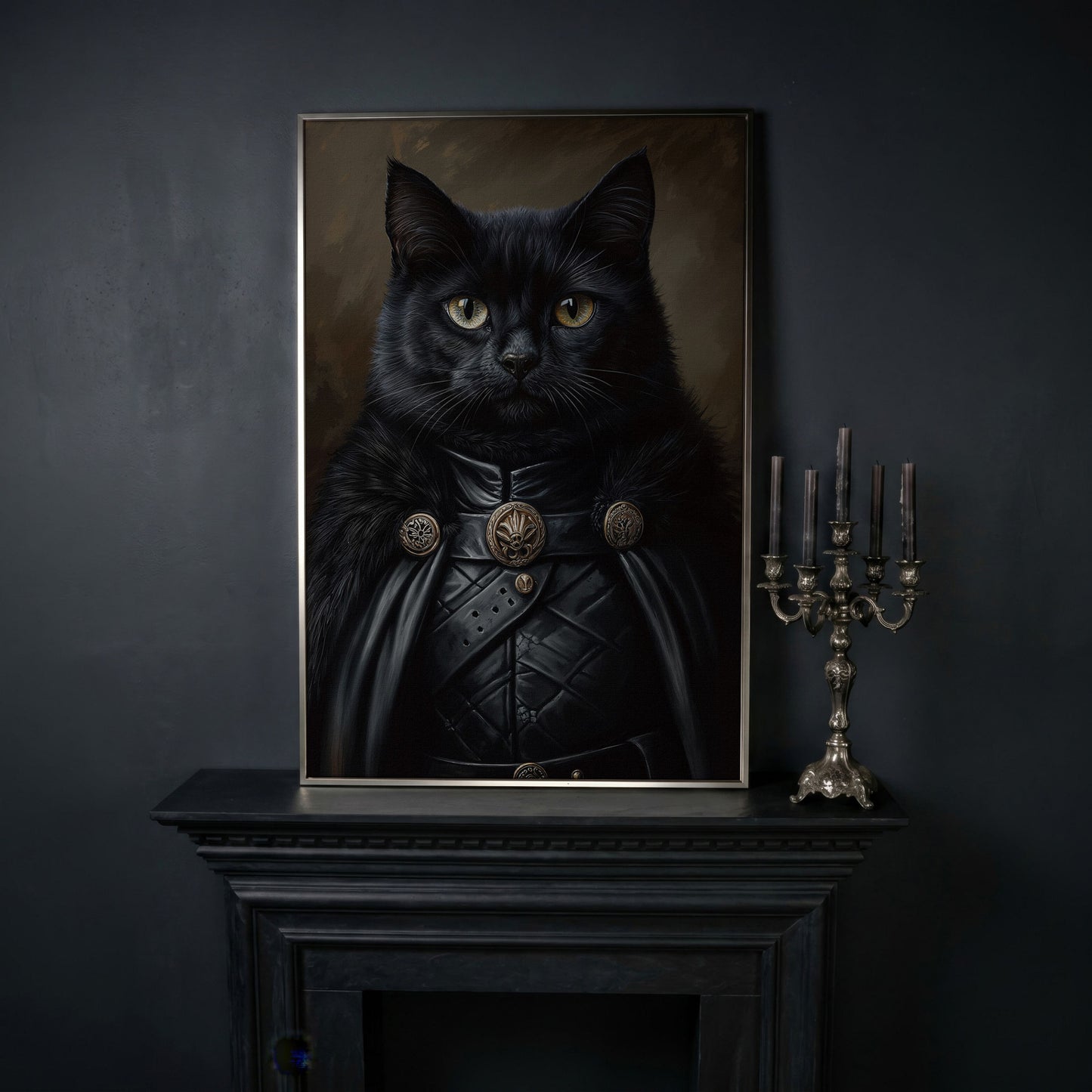 Victorian Black Cat Portrait Canvas in silver floating frame