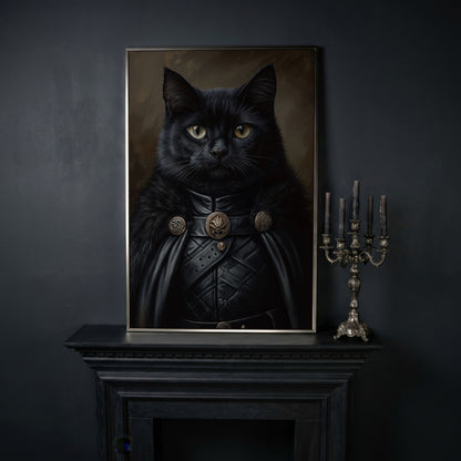 Victorian Black Cat Portrait Canvas in silver floating frame