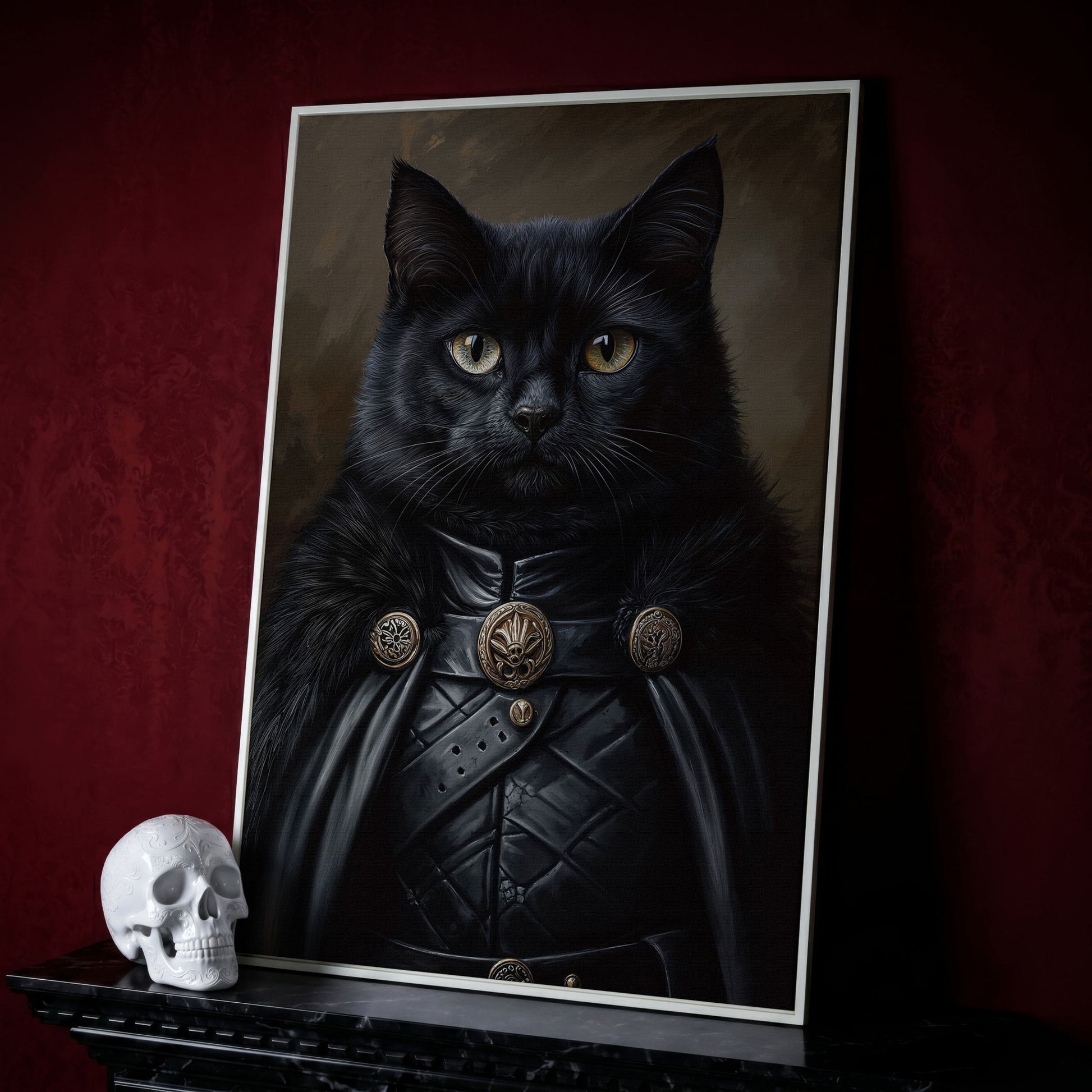 Victorian Black Cat Portrait Canvas in white floating frame