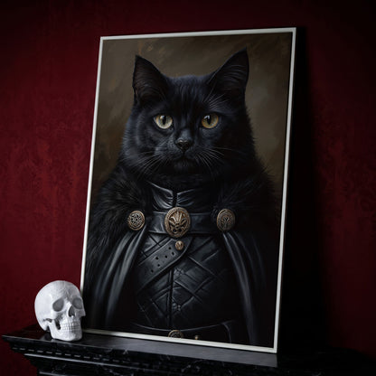 Victorian Black Cat Portrait Canvas in white floating frame