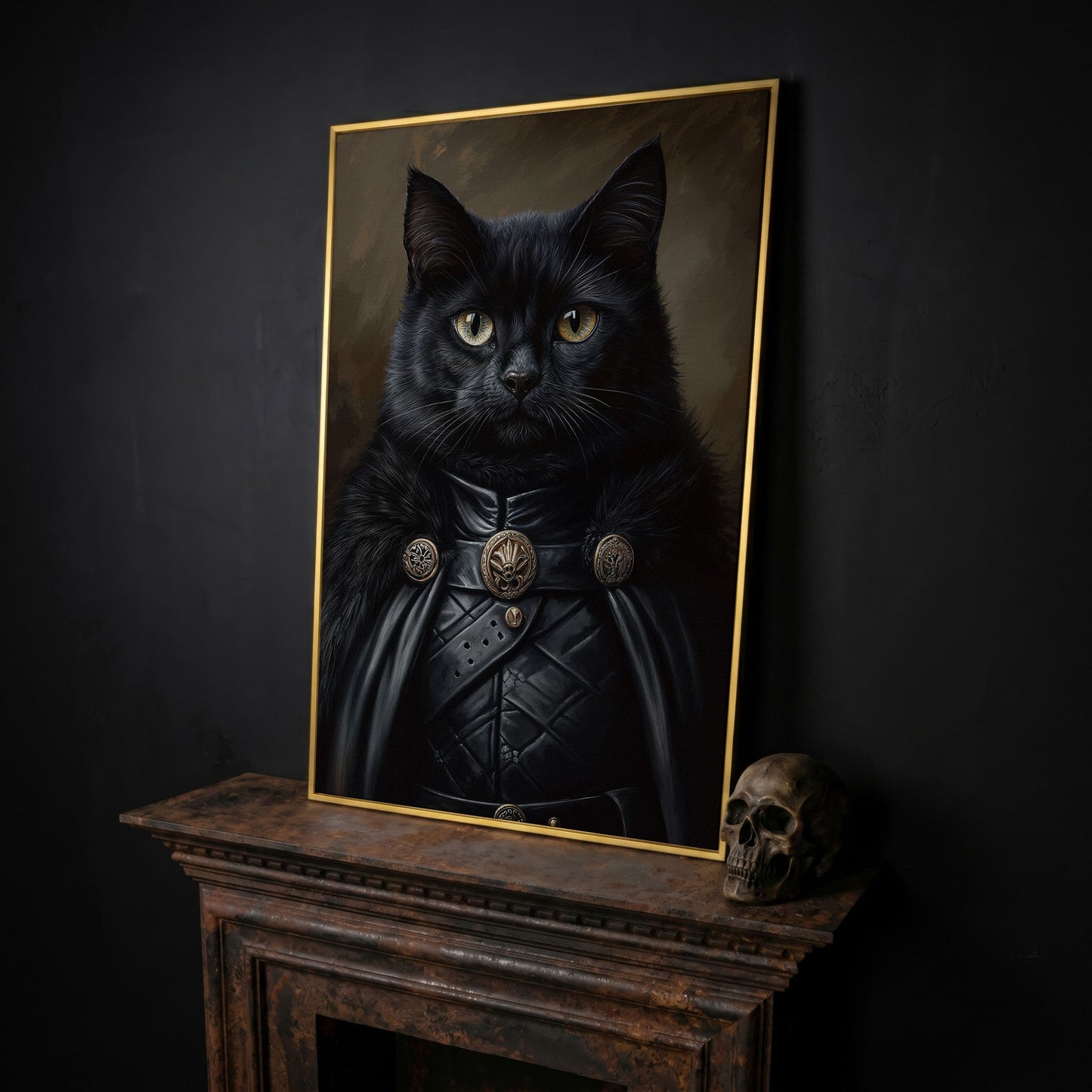 Victorian Black Cat Portrait Canvas in yellow gold floating frame