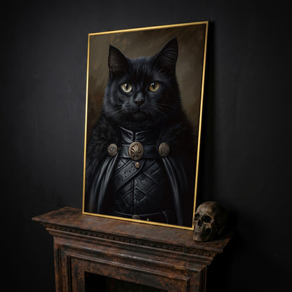 Victorian Black Cat Portrait Canvas in yellow gold floating frame
