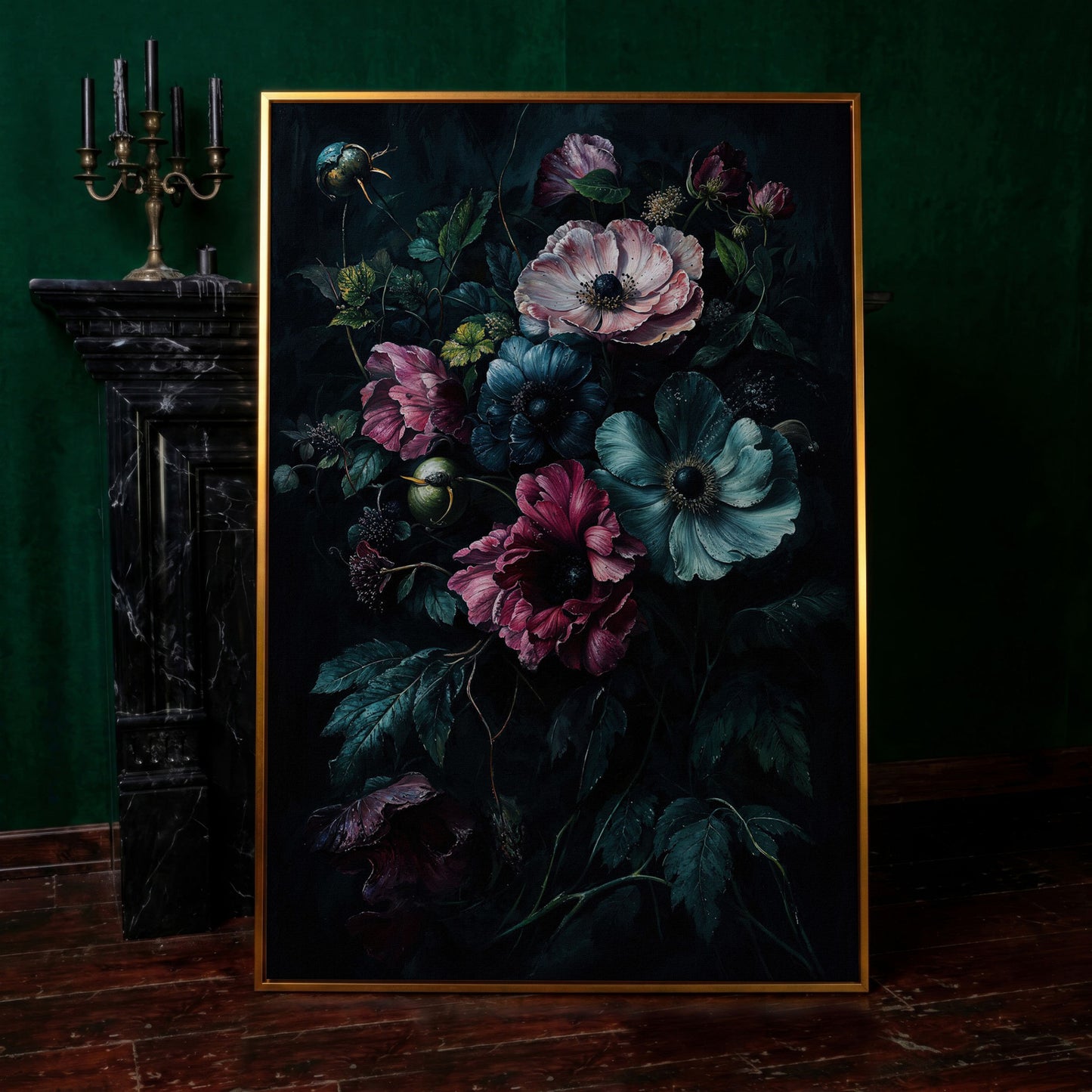 Dark Moody Floral Bouquet Canvas Art, Anemones and Greenery in antique gold floating frame
