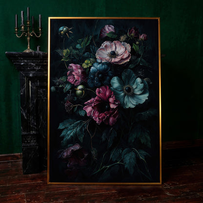 Dark Moody Floral Bouquet Canvas Art, Anemones and Greenery in antique gold floating frame