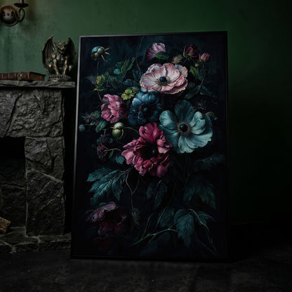 Dark Moody Floral Bouquet Canvas Art, Anemones and Greenery in black floating frame