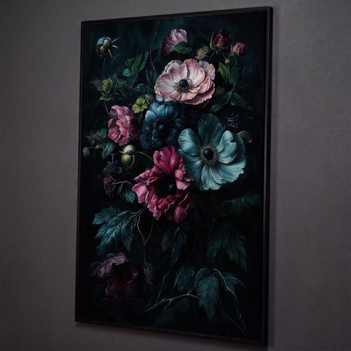 Dark Moody Floral Bouquet Canvas Art, Anemones and Greenery shown in black floating frame
