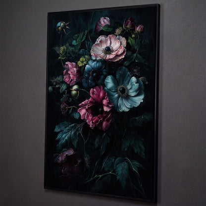 Dark Moody Floral Bouquet Canvas Art, Anemones and Greenery shown in black floating frame