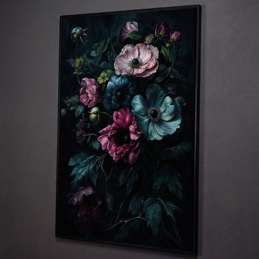 Dark Moody Floral Bouquet Canvas Art, Anemones and Greenery shown in black floating frame