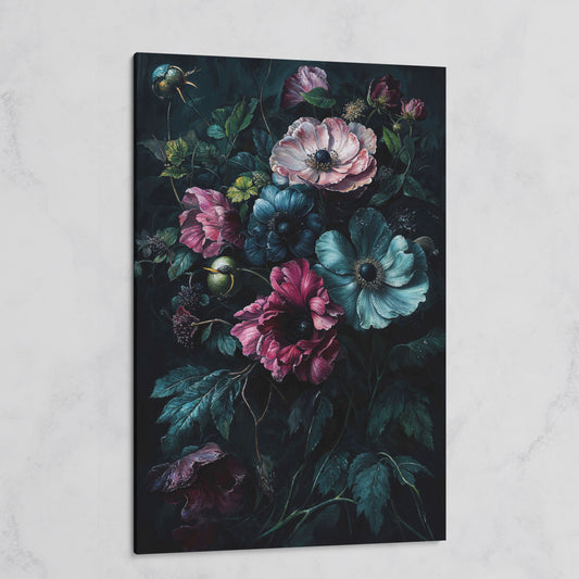 Dark Moody Floral Bouquet Canvas Art, Anemones and Greenery on gallery wrap