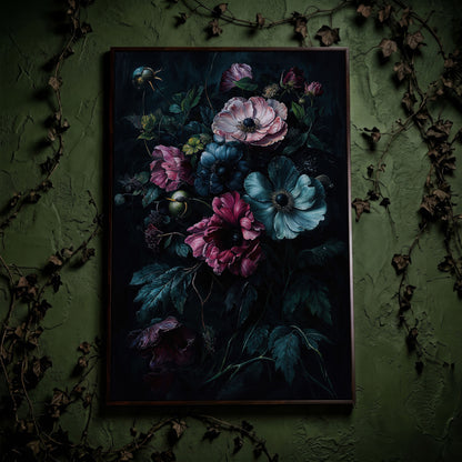 Dark Moody Floral Bouquet Canvas Art, Anemones and Greenery in dark walnut floating frame