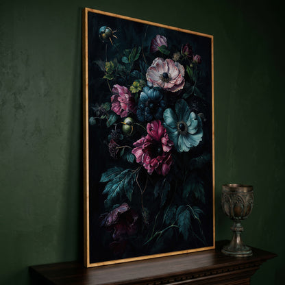 Dark Moody Floral Bouquet Canvas Art, Anemones and Greenery in white oak floating frame