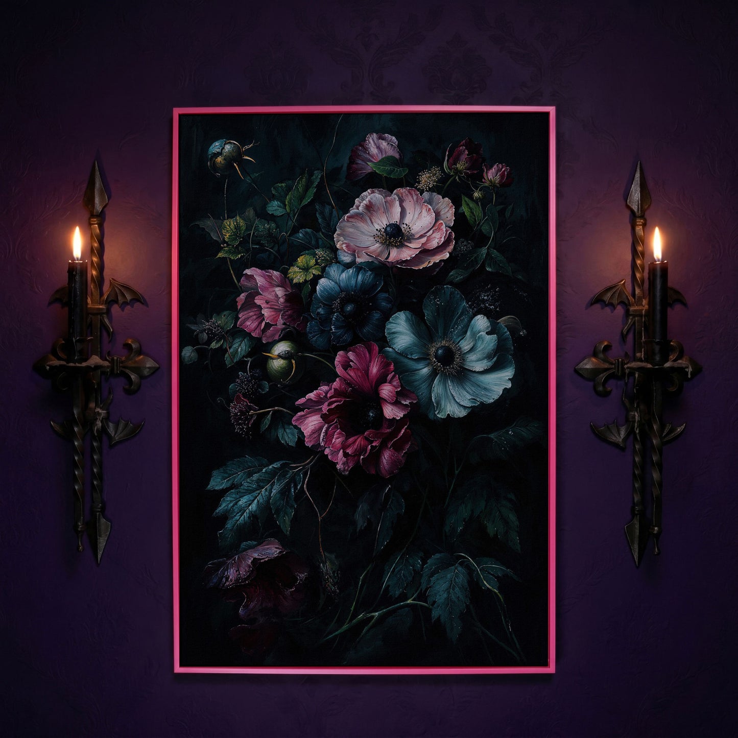 Dark Moody Floral Bouquet Canvas Art, Anemones and Greenery in pink floating frame