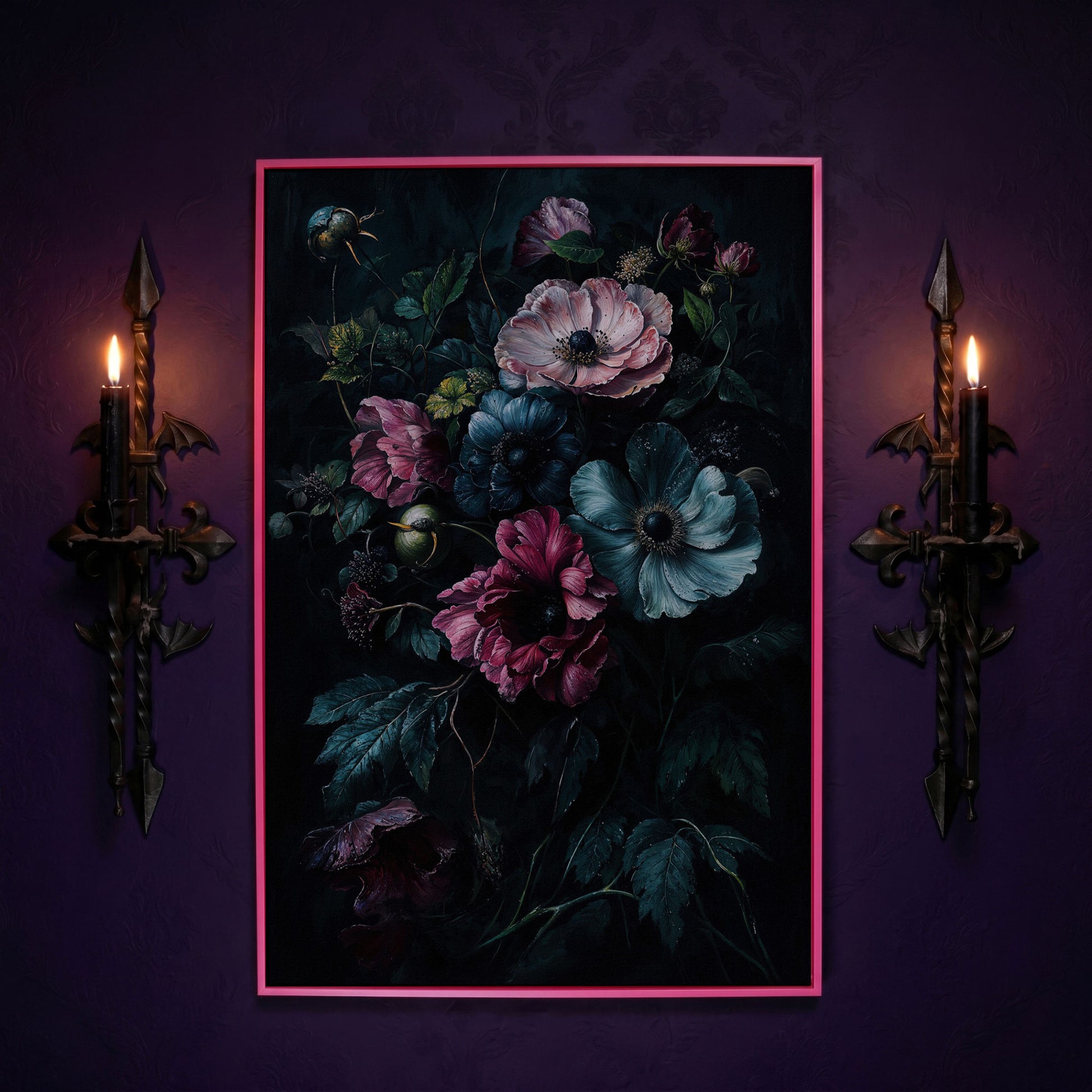 Dark Moody Floral Bouquet Canvas Art, Anemones and Greenery in pink floating frame