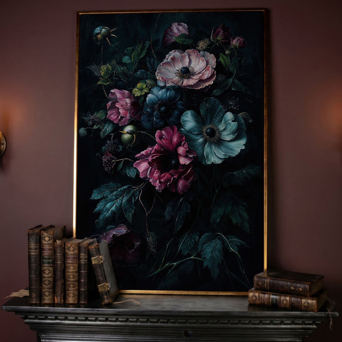 Dark Moody Floral Bouquet Canvas Art, Anemones and Greenery in rose gold floating frame