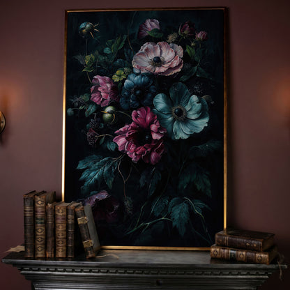 Dark Moody Floral Bouquet Canvas Art, Anemones and Greenery in rose gold floating frame