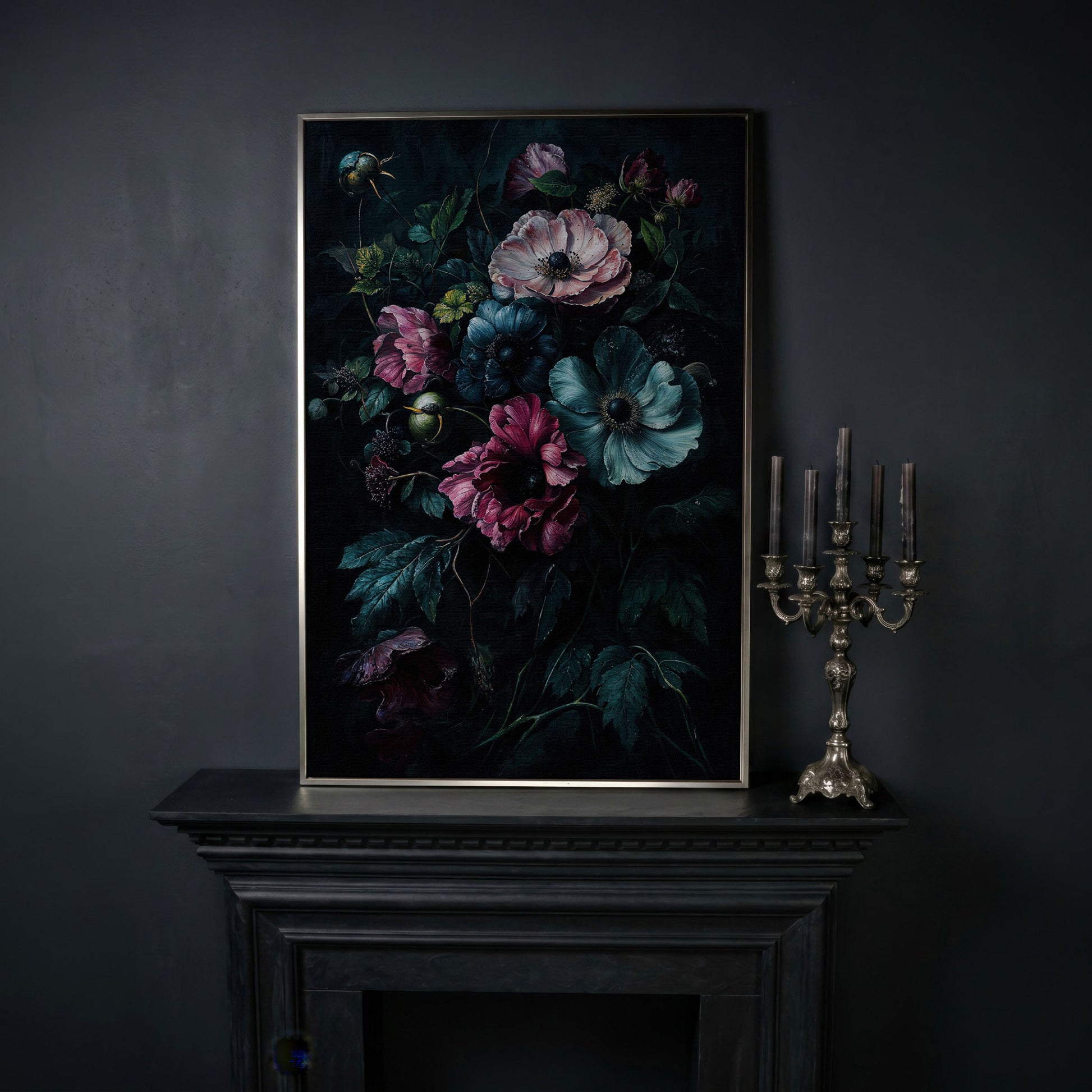 Dark Moody Floral Bouquet Canvas Art, Anemones and Greenery in silver floating frame