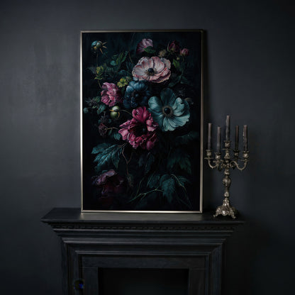 Dark Moody Floral Bouquet Canvas Art, Anemones and Greenery in silver floating frame