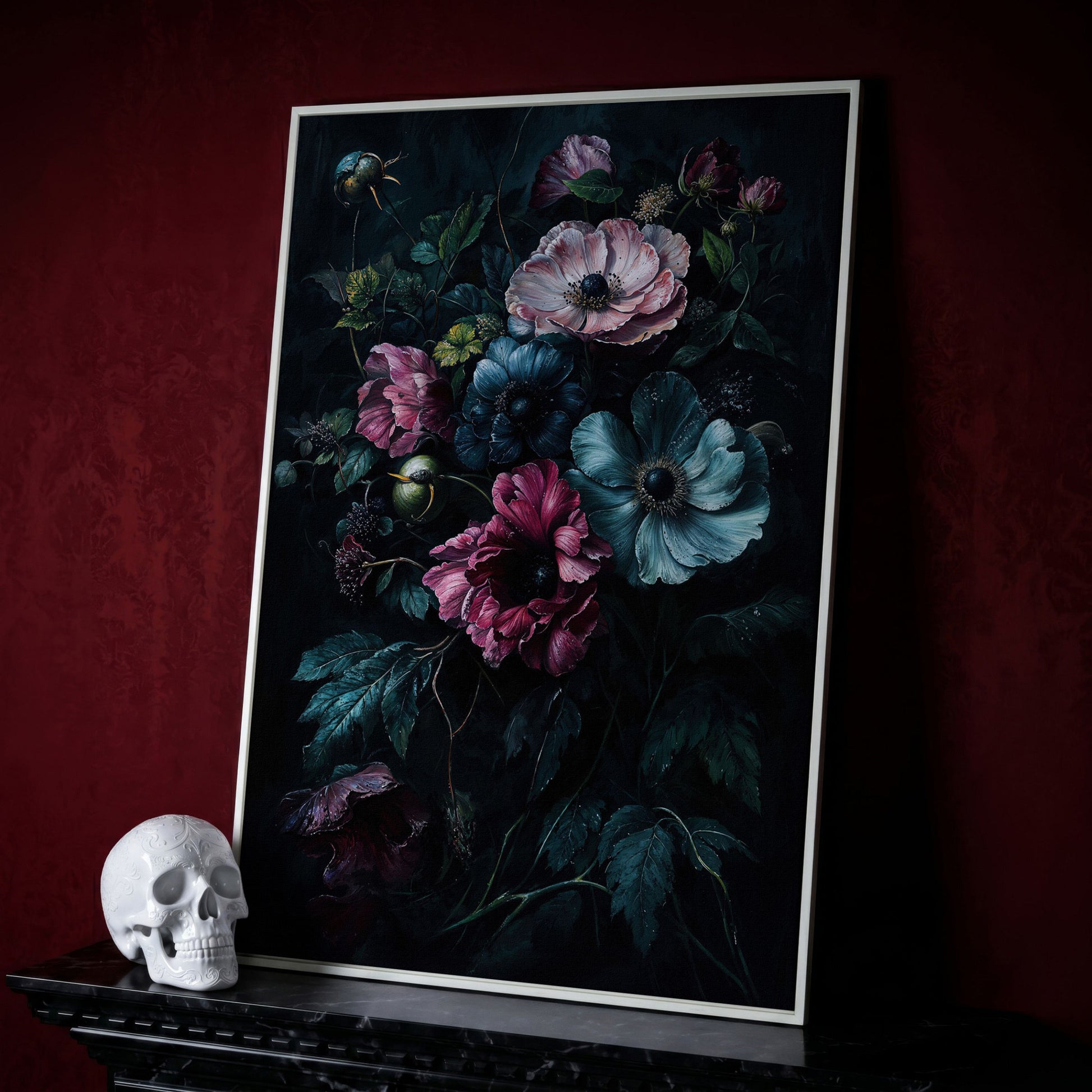 Dark Moody Floral Bouquet Canvas Art, Anemones and Greenery in white floating frame