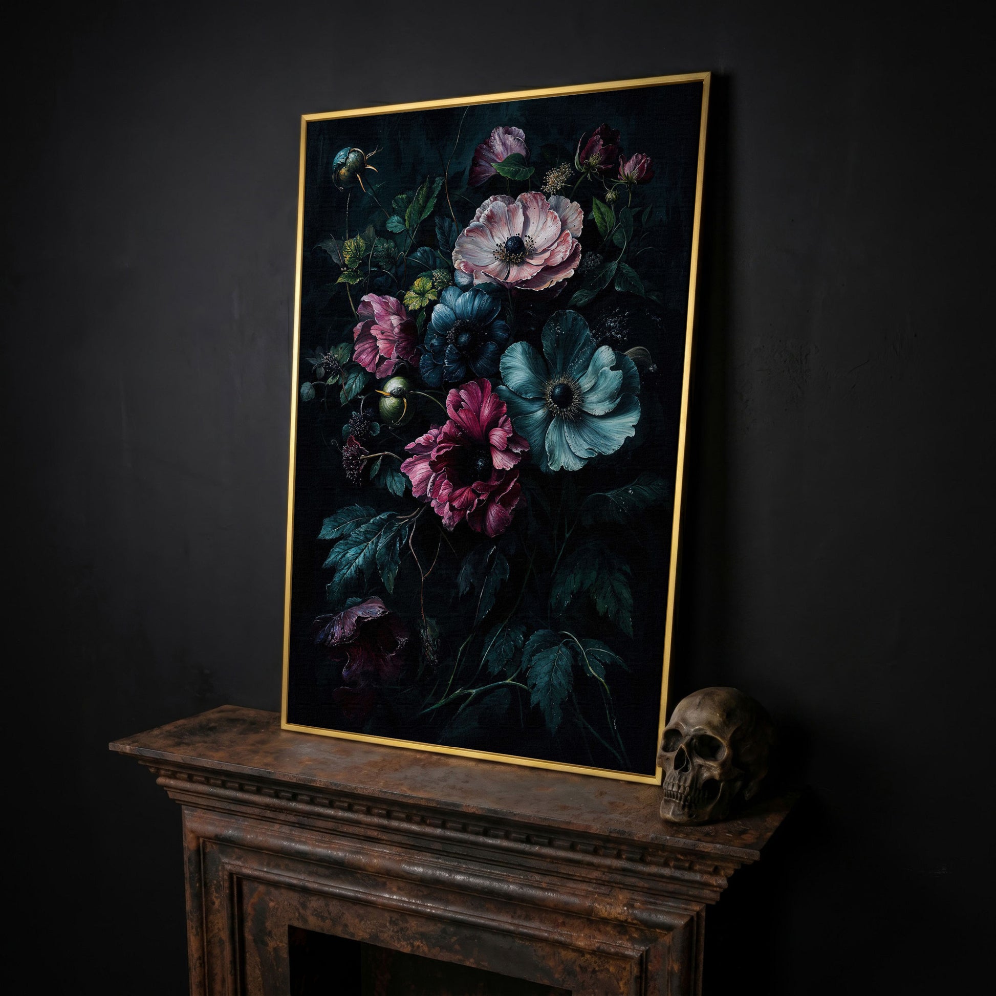 Dark Moody Floral Bouquet Canvas Art, Anemones and Greenery in yellow gold floating frame