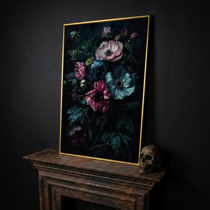Dark Moody Floral Bouquet Canvas Art, Anemones and Greenery in yellow gold floating frame