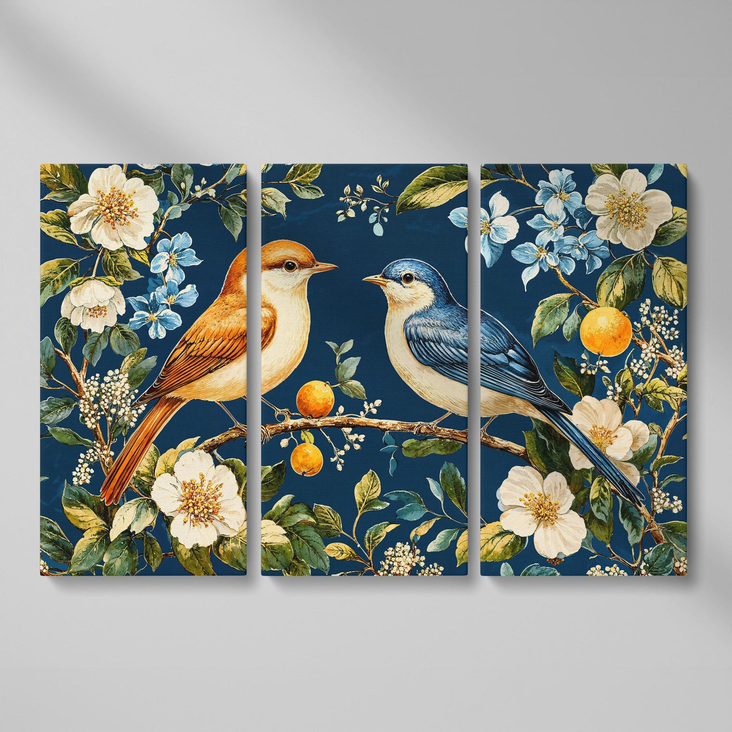 Blue and Beige Birds on Orange Branch Canvas as 3-panel split version