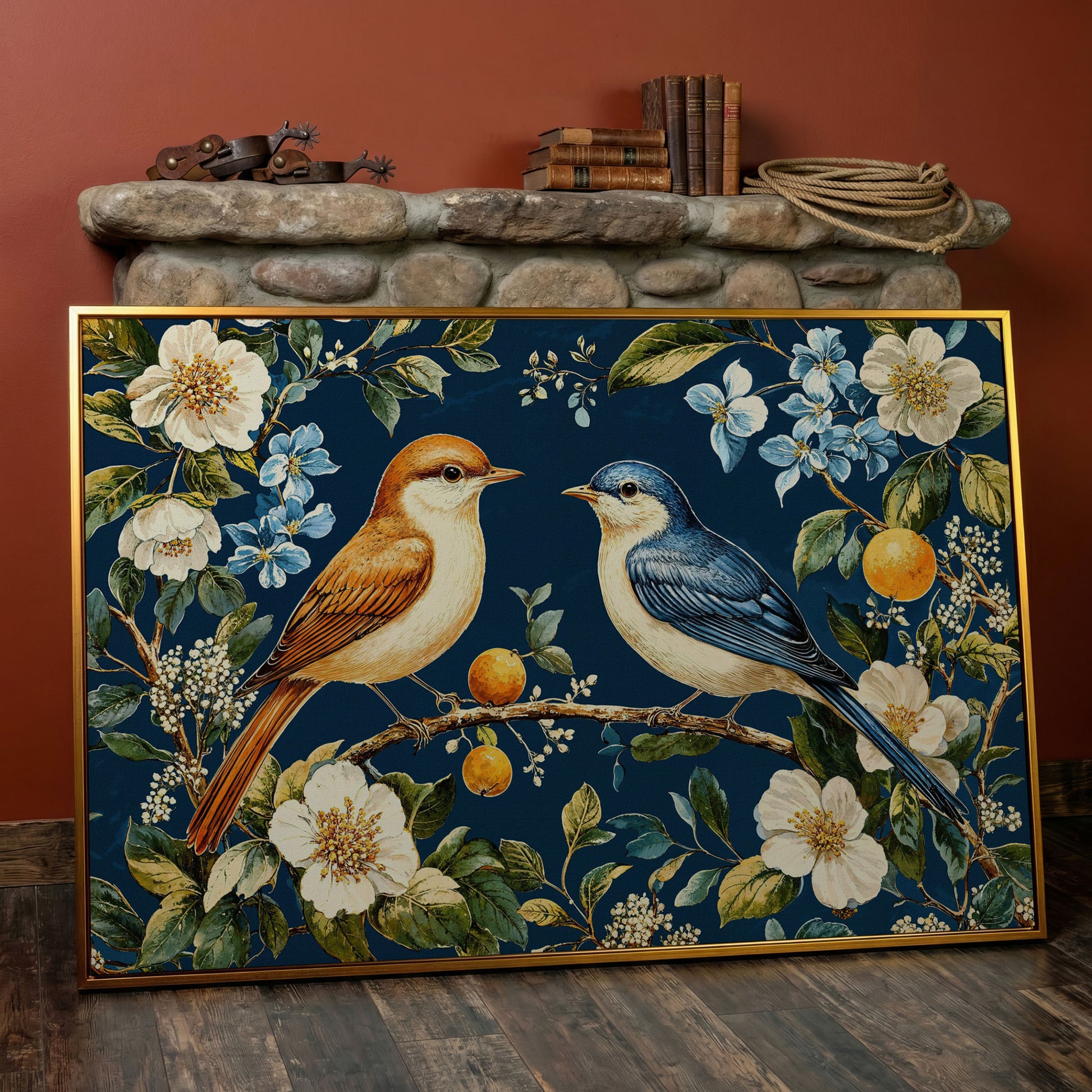 Blue and Beige Birds on Orange Branch Canvas in antique gold floating frame