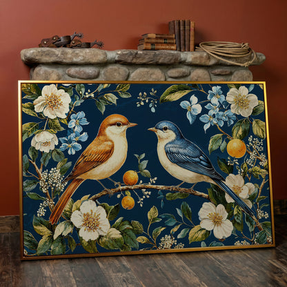 Blue and Beige Birds on Orange Branch Canvas in antique gold floating frame