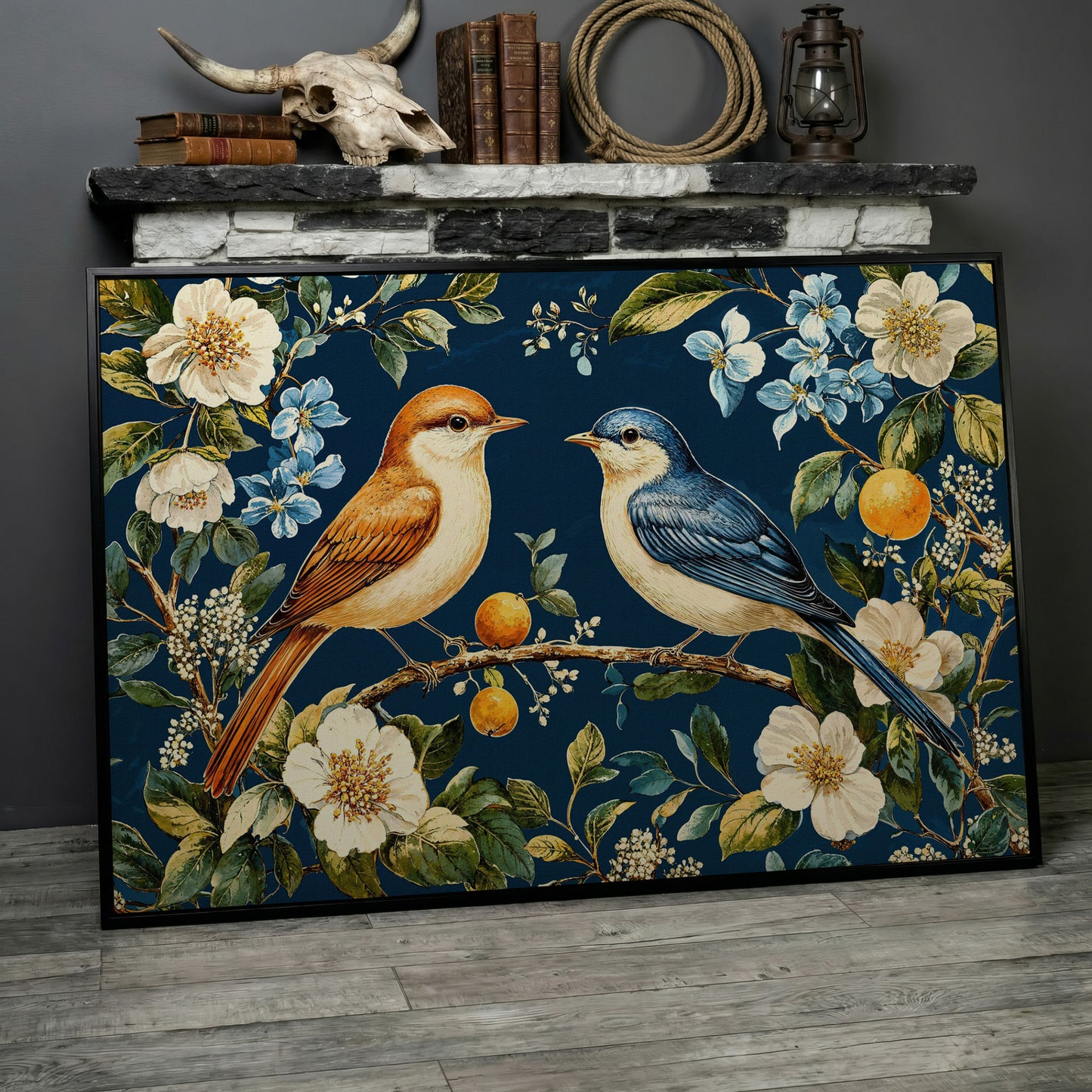 Blue and Beige Birds on Orange Branch Canvas in black floating frame