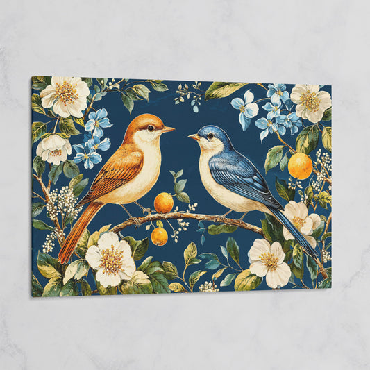 Blue and Beige Birds on Orange Branch Canvas on gallery wrap