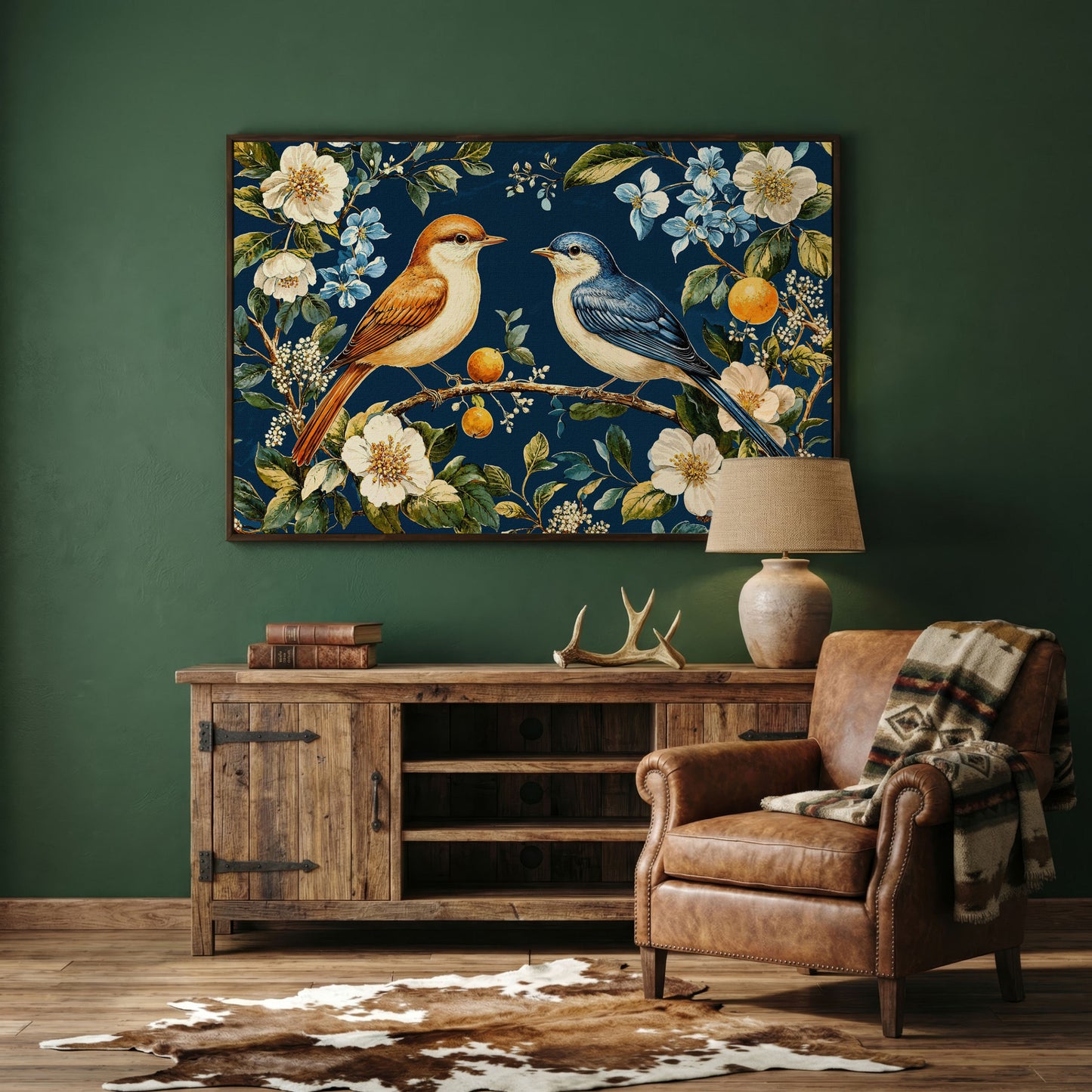 Blue and Beige Birds on Orange Branch Canvas in dark walnut floating frame