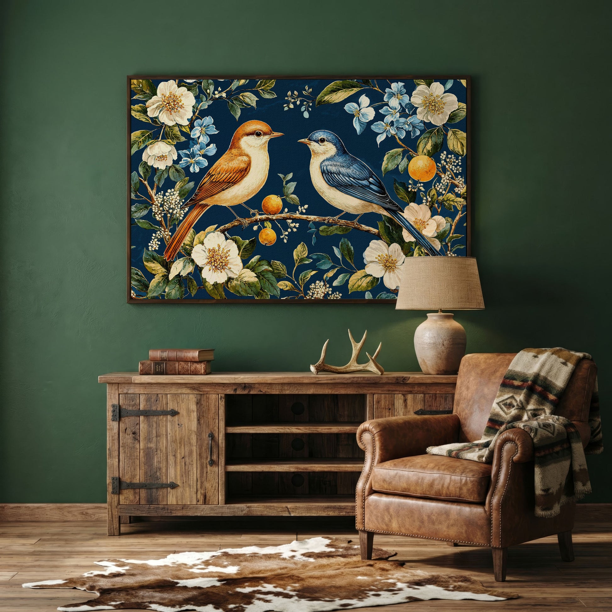 Blue and Beige Birds on Orange Branch Canvas in dark walnut floating frame