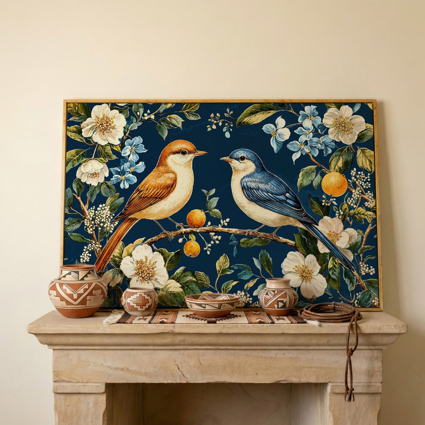 Blue and Beige Birds on Orange Branch Canvas in white oak floating frame