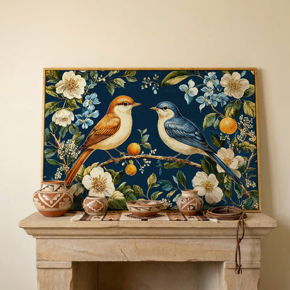 Blue and Beige Birds on Orange Branch Canvas in white oak floating frame