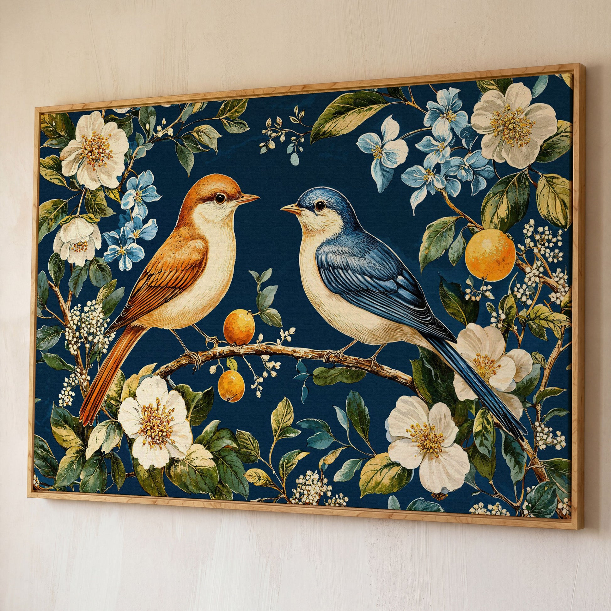 Blue and Beige Birds on Orange Branch Canvas shown in white oak floating frame