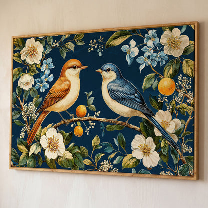 Blue and Beige Birds on Orange Branch Canvas shown in white oak floating frame