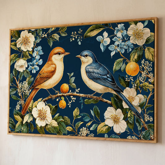 Blue and Beige Birds on Orange Branch Canvas shown in white oak floating frame