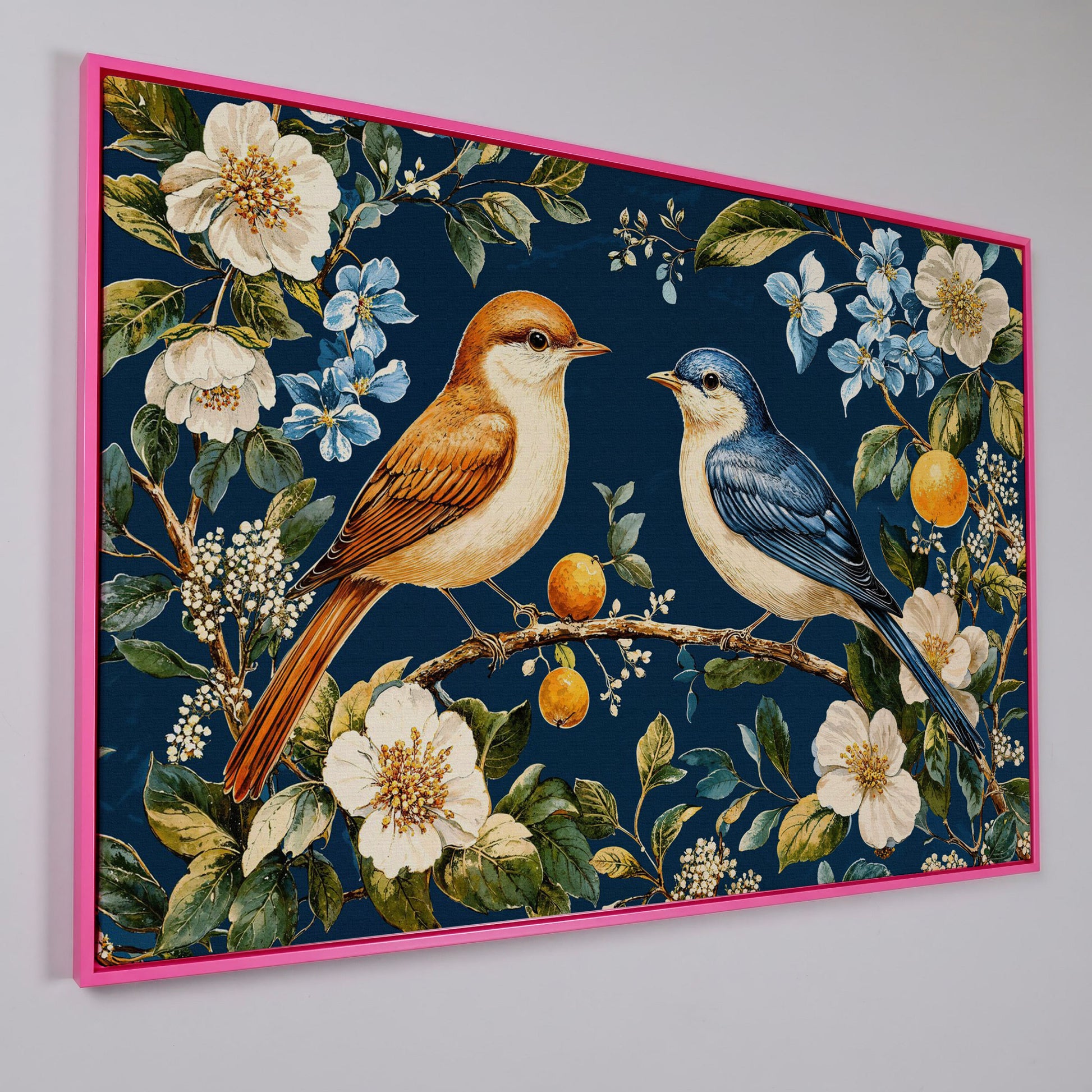 Blue and Beige Birds on Orange Branch Canvas in pink floating frame