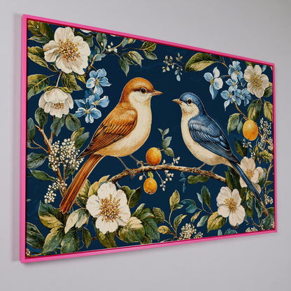 Blue and Beige Birds on Orange Branch Canvas in pink floating frame