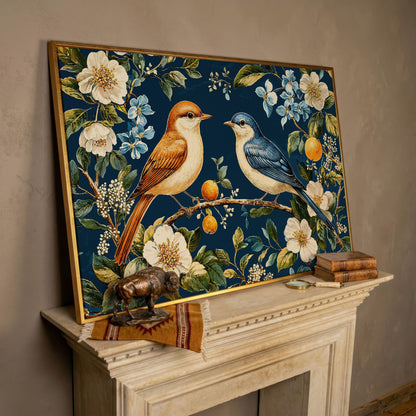 Blue and Beige Birds on Orange Branch Canvas in rose gold floating frame