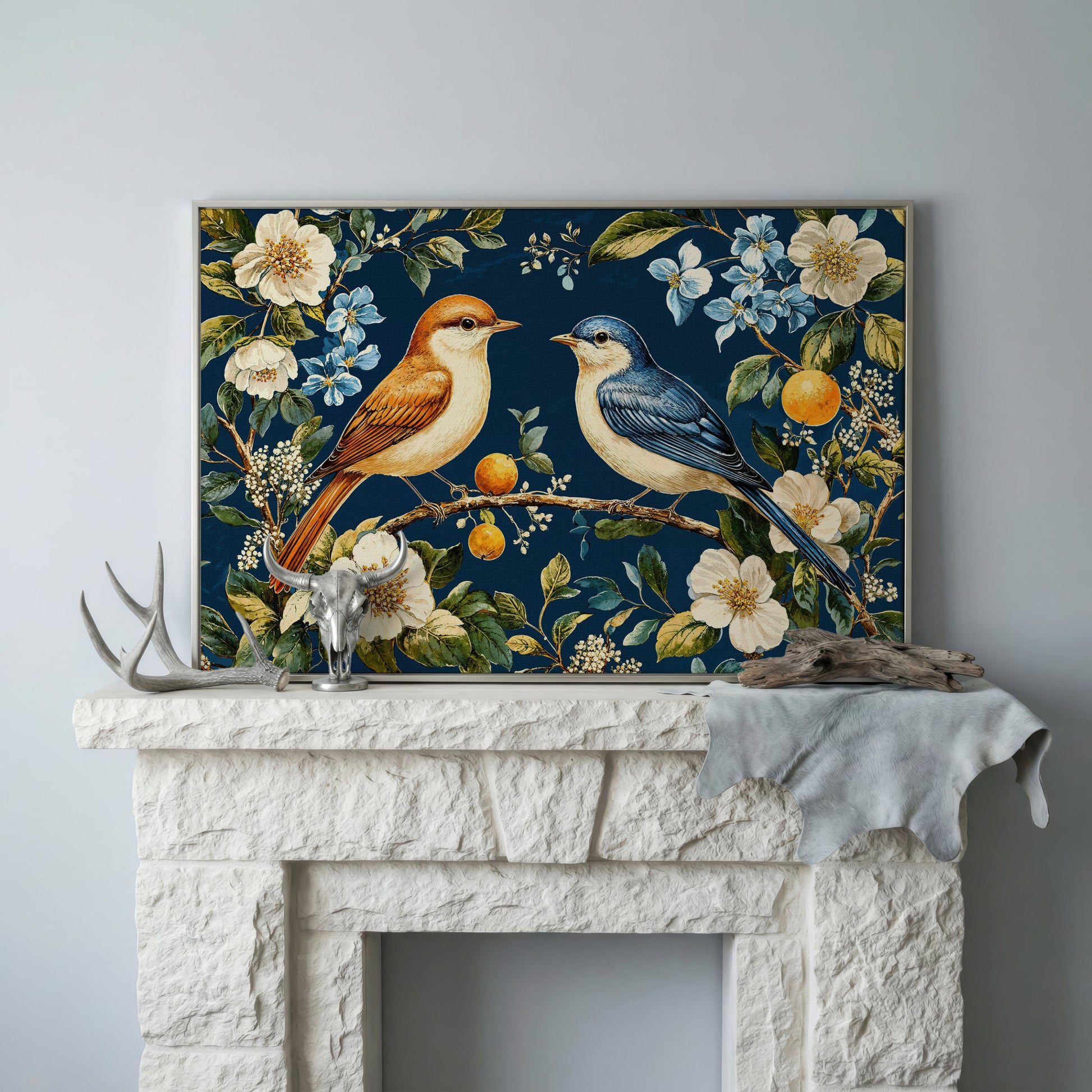 Blue and Beige Birds on Orange Branch Canvas in silver floating frame