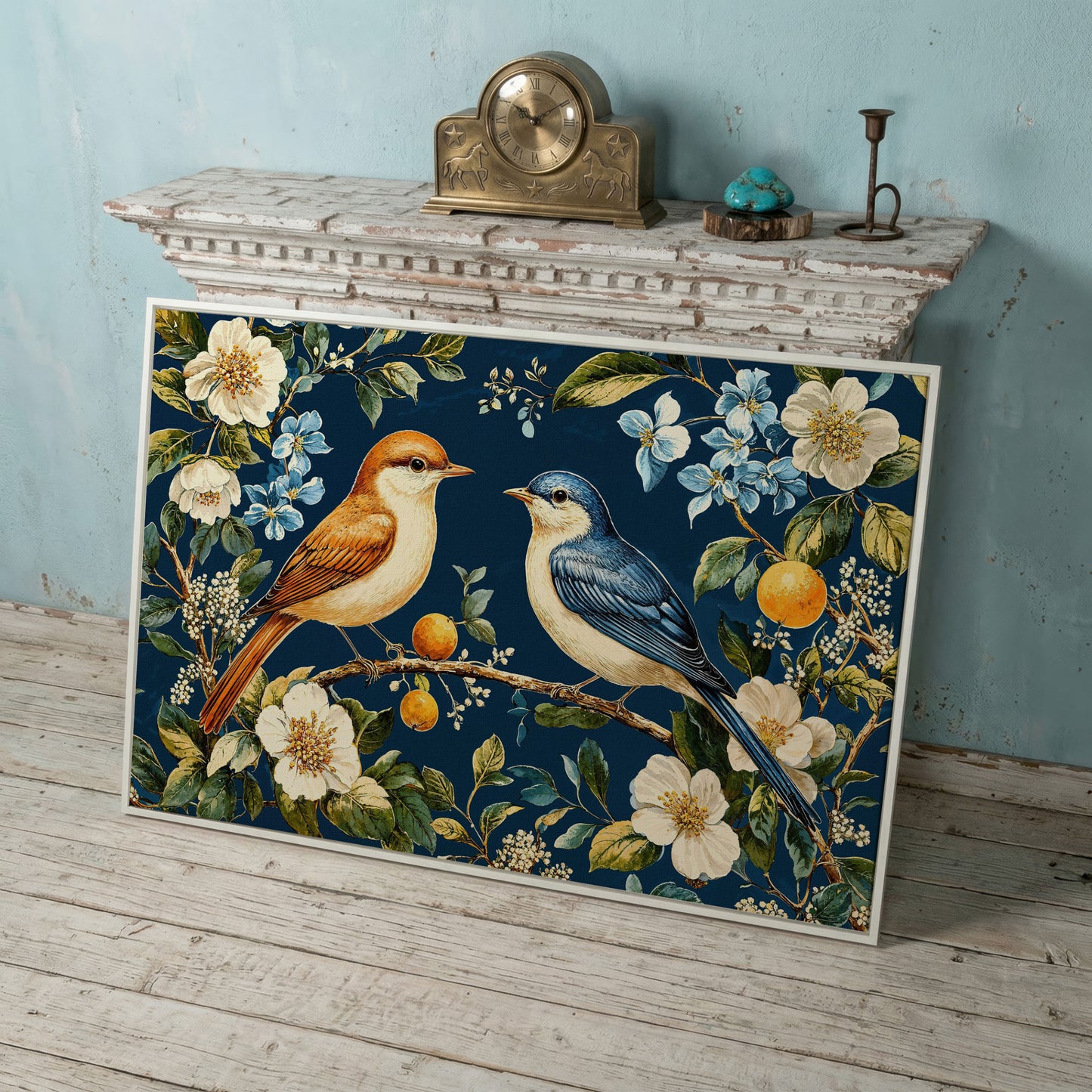 Blue and Beige Birds on Orange Branch Canvas in white floating frame