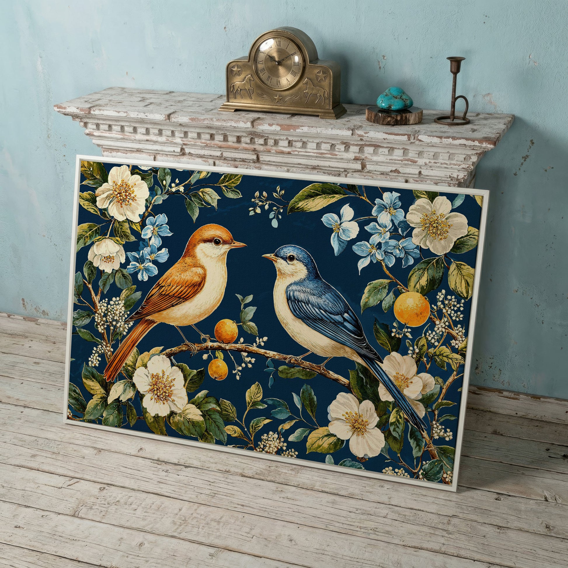 Blue and Beige Birds on Orange Branch Canvas in white floating frame