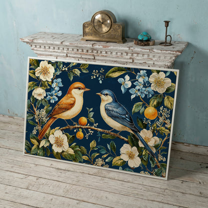 Blue and Beige Birds on Orange Branch Canvas in white floating frame